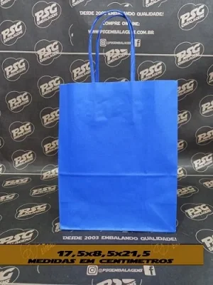 Sacola Kraft Branco Chap. Azul Bic 17,5cm x 8,5cm x 21,5cm