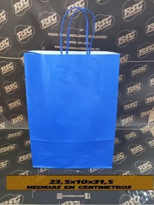Sacola Kraft Branco Chap. Azul Bic 23,5cm x 10cm x 31,5cm