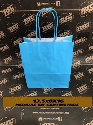 Sacola Kraft Branco Chap. Azul Turquesa 13,5cm x 8cm x 16cm
