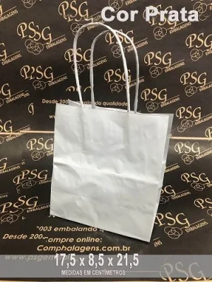 Sacola Kraft Branco Prata 17,5 cm x 8,5cm x 21,5cm