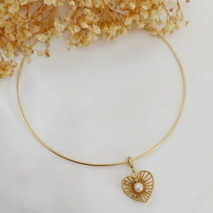 Colar de Aro Ping. Coração com Pérola - <strong>Dourado</strong>