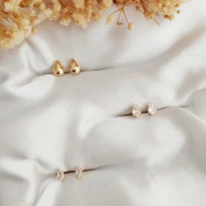 Trio de Brincos Gotinhas e Zircônias - <strong>Dourado</strong>